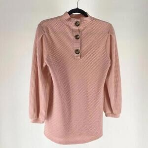 Stylish Women's Ribbed Long-Sleeve Button Top - Blush Pink